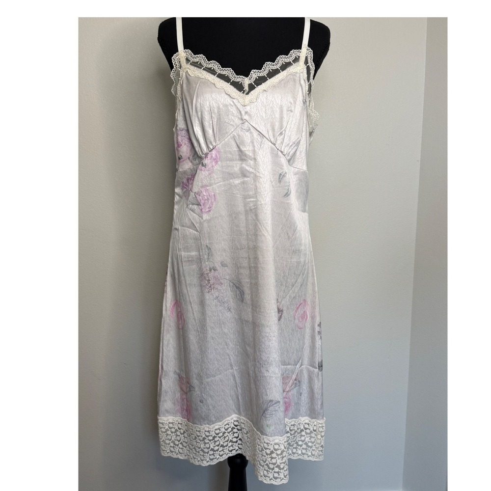 Vintage Belle Poque White w/ Silver Tint Floral Satin Slip Dress Lace Trim L